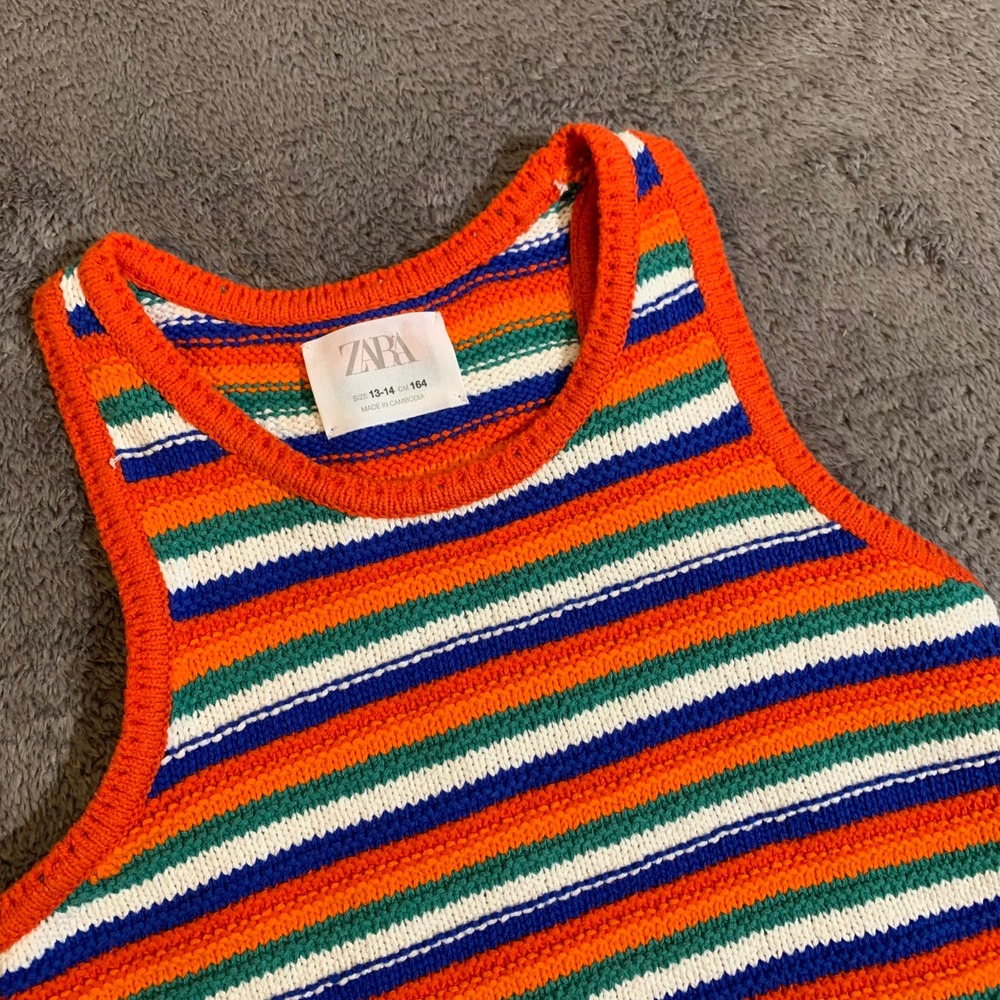 Zara Girls Striped Knit Tank Top Orange Blue Green White Size 13-14 164cm